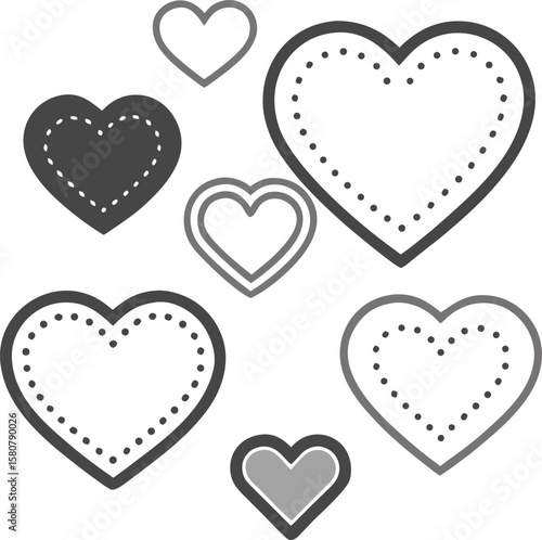 Heart icon set. Outline love vector signs isolated on a background. Gray black graphic shape and dashed dot line art for romantic wedding or valentine gift stock illustration illustration  