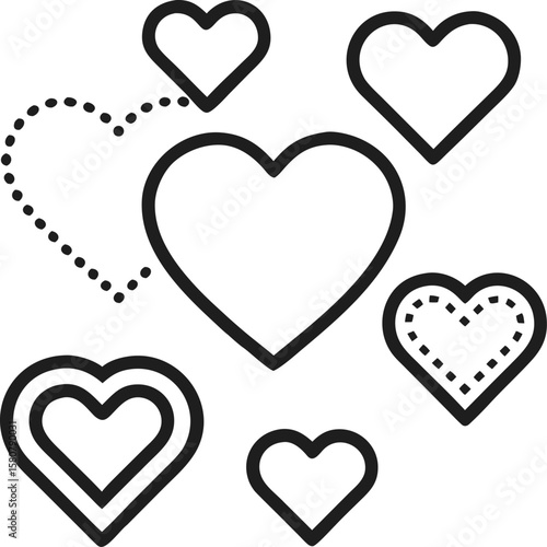 Heart icon set. Outline love vector signs isolated on a background. Gray black graphic shape and dashed dot line art for romantic wedding or valentine gift stock illustration illustration  