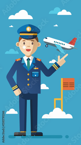 A smiling pilot pointing to an airplane. The image is of a man in a uniform with a smile on his face