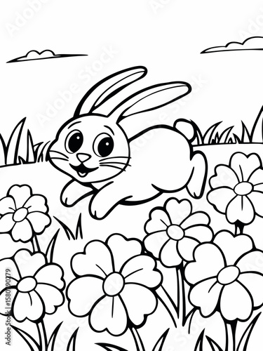 Rabbit playing in a field of flowers with clouds in the background - Concept of children's coloring pictures  