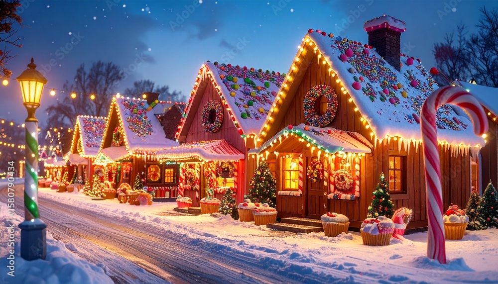 Fototapeta premium Adorable donut houses with sprinkle roofs, cupcake shops, candy cane streetlights, rainbow sherbet pathways, cheerful food town 