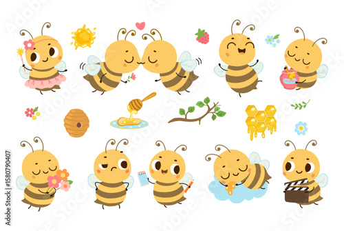 Honey funny bee. Cartoon bee different poses and emotions. Cute insect with magic wand, flowers, notepad, flying bees in love nowaday vector clipart