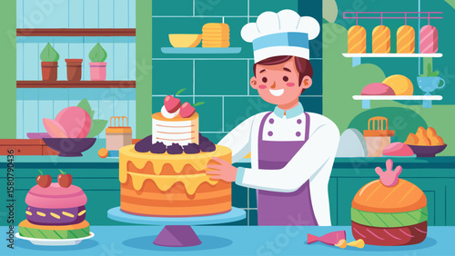 A man in a chef's hat is standing in a bakery shop, holding a cake. The shop is filled with various cakes and pastries, including a large cake on a table. The atmosphere is cheerful and inviting