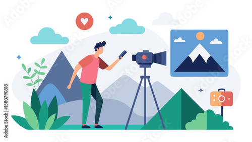 A man is taking a picture of a mountain with a camera. The camera is on a tripod and the man is holding a cell phone. The image has a peaceful and serene mood