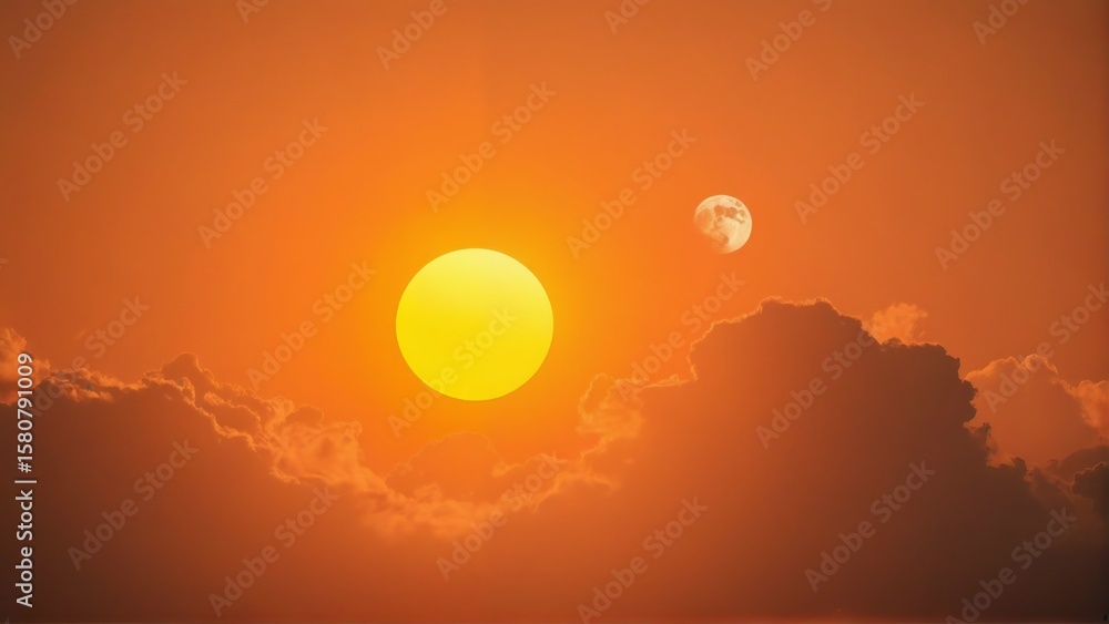 Obraz premium Vibrant sunset sky with a bright sun and a distant full moon surrounded by clouds