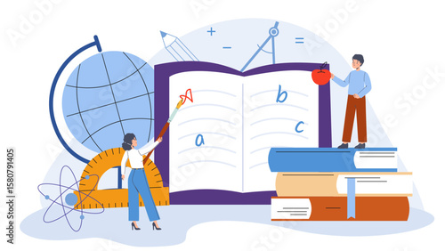 School lesson abstract concept. Pupil, student write letter in book or notebook. Education, different science, reading. Boy with red apple, vector scene