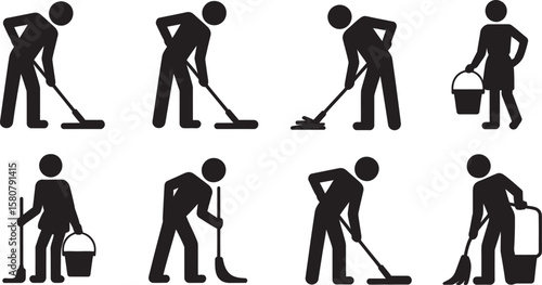 Cleaning Person Silhouettes Vector Set – Stick Figure Icons of People Mopping and Carrying Buckets