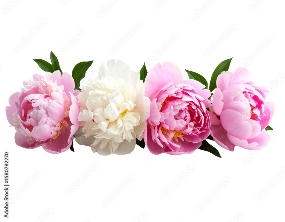 Five Peonies in Varying Pink and White Tones, Slight Overlap with Natural Bloom Shapes, Angled Front View Five Peonies in Varying Pink and White Tones, Slight Overlap with Natural Bloom Shapes, Angled Front View