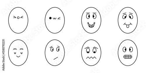 Minimalist Cute Egg Faces with Various Expressions. A collection of minimalist-style cartoon egg faces expressing various emotions such as happiness, sadness, surprise, love, mischief, and more.