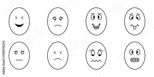 Minimalist Cute Egg Faces with Various Expressions. A collection of minimalist-style cartoon egg faces expressing various emotions such as happiness, sadness, surprise, love, mischief, and more.