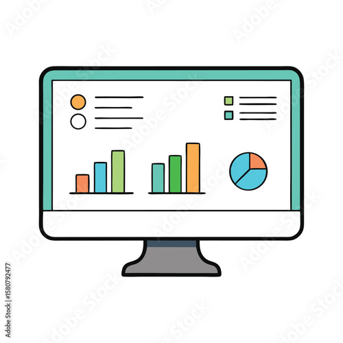 Vector art of a computer monitor displaying data charts isolated on white background
