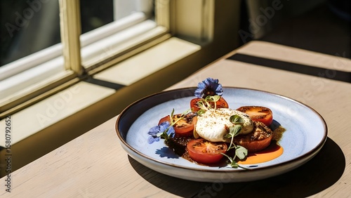 Macro Photo of Burrata with Heirloom Tomatoes and Edible Flowers