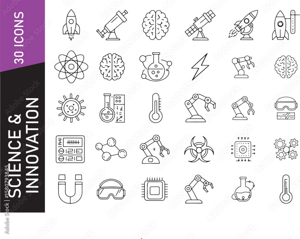 Fototapeta premium Minimal black stroke icon set featuring science lab objects, research technology, and futuristic innovation symbols