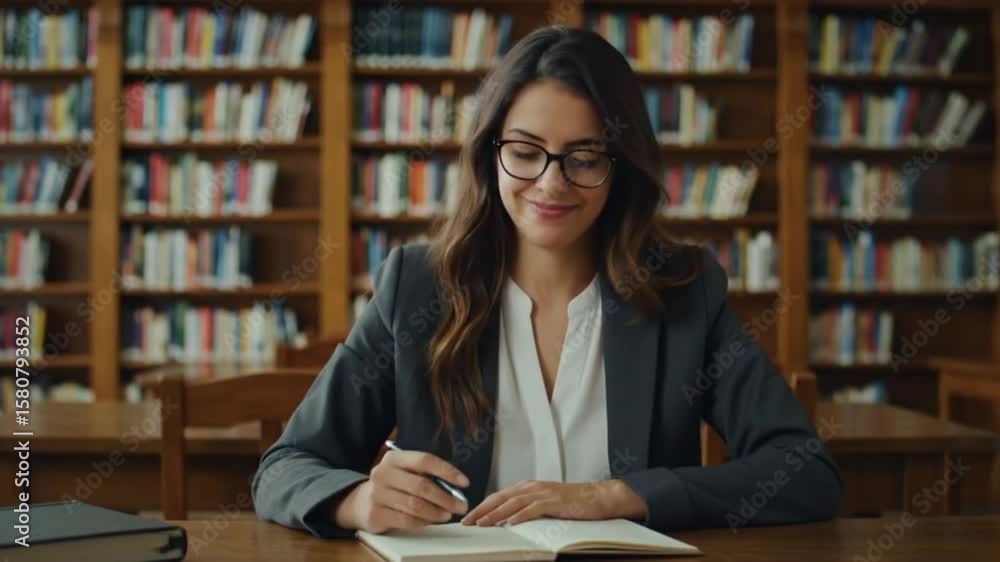 Woman in library writing in notebook Woman in library writing in notebook
