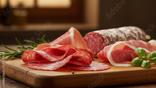 Assorted deli meats and sausages arranged on a wooden cutting board, high-quality food photography, professional lighting