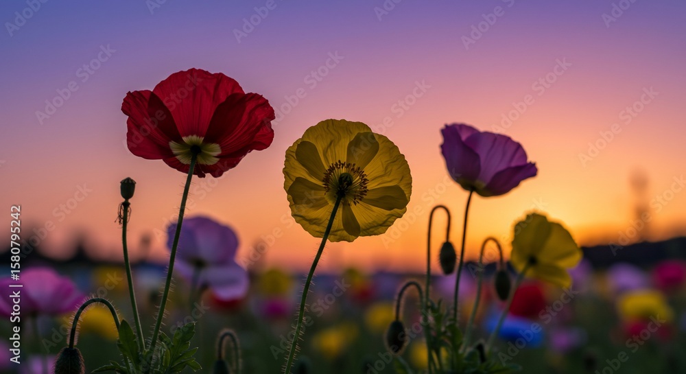 Fototapeta premium Poppies glow against the evening sky