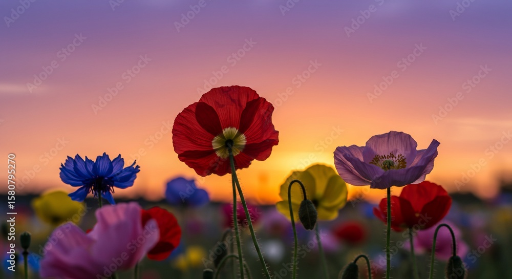Obraz premium Poppies illuminated by a vibrant sunset