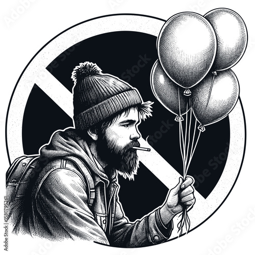 Bearded Man Holding Balloons Against Dark Circle