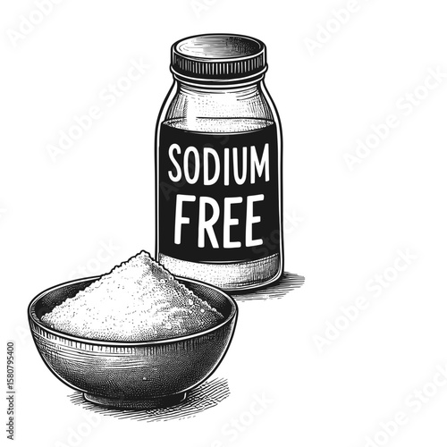 Sodium-free label on jar, illustrated drawing in black and white for diet