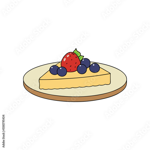 Vector art of a slice of cheesecake with berries on a plate isolated on white background