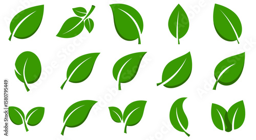 Green Leaf Icon Set: Nature and Ecology Symbols