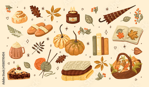 Autumn cozy set. Fall items - pumpkins, books, pastry, candle, mushrooms, and leaves. Vector.