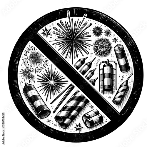 Restricted fireworks symbol in black and white representing prohibition