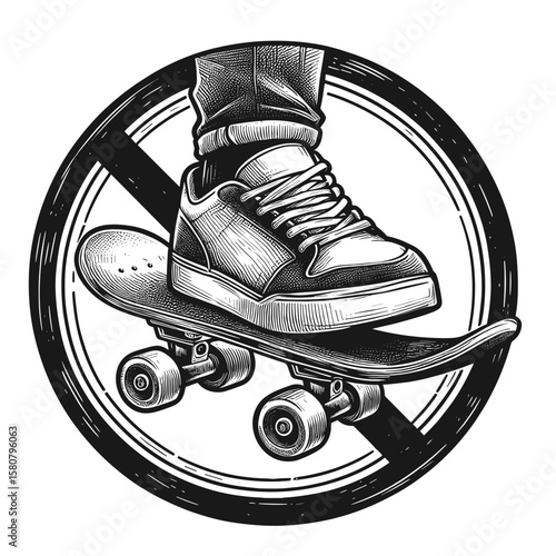 Illustrated shoe on skateboard in black and white
