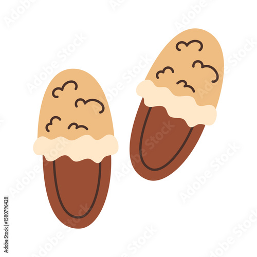 Warm fluffy slippers in autumn colors. Seasonal comfort at home. Vector illustration.