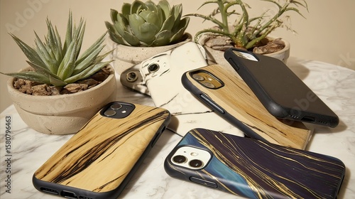 Wooden & marble phone cases on marble table with succulents