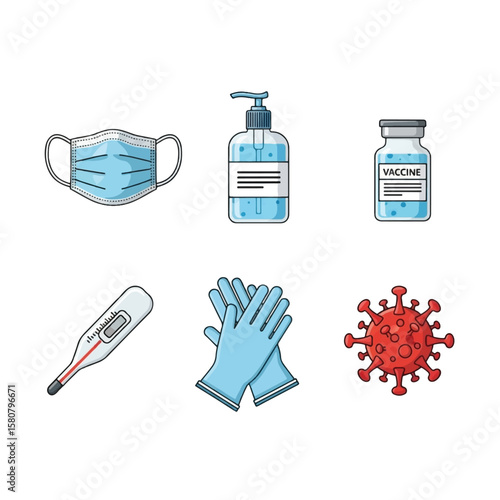 Illustration of protective medical equipment: mask, sanitizer, vaccine, thermometer, gloves, and a virus cell.