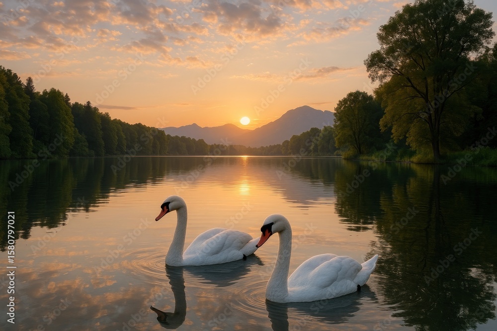 Fototapeta premium Serene swans at sunset lake.