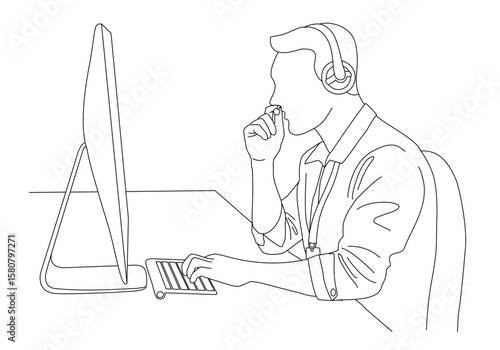 Line Art of Office Worker a call center at Computer Wearing Headset, Remote Work or Customer Support Concept