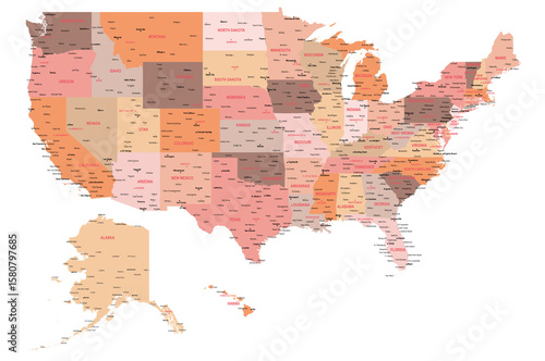 Illustration, map of USA. State names are in a red/pink   in capitals, state capitals are smaller with a star next to them, major cities and smaller cities also shown. Min print to see text is A3.