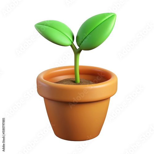 Cute 3d cartoon seedling with two green leaves growing in a terracotta pot isolated on transparent background