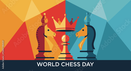 A vibrant, geometric illustration showcases two knights flanking a king and pawn, celebrating World Chess Day, ideal for promoting chess tournaments or related events.