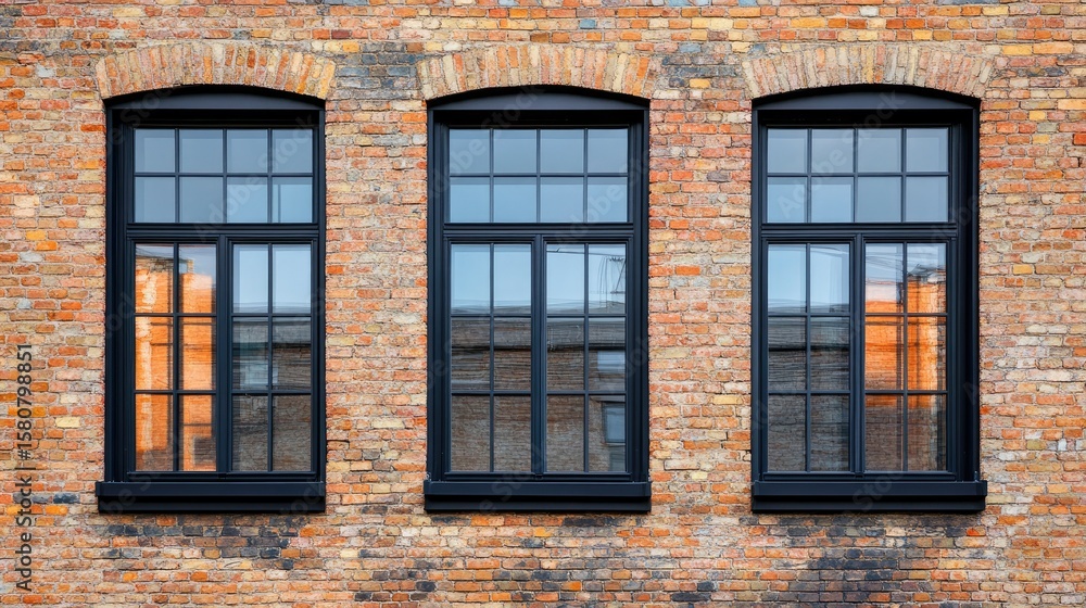 Fototapeta premium Architectural details of black aluminium window frames against a brick wall