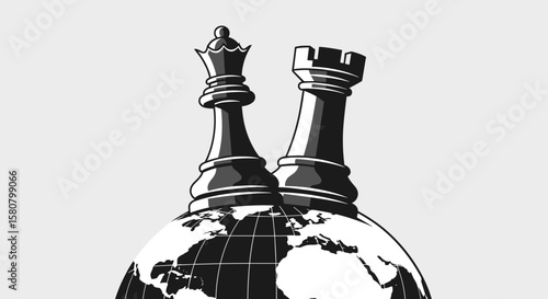A black and white illustration depicts chess pieces, a queen and a rook, standing atop a globe, representing global strategy and competition.