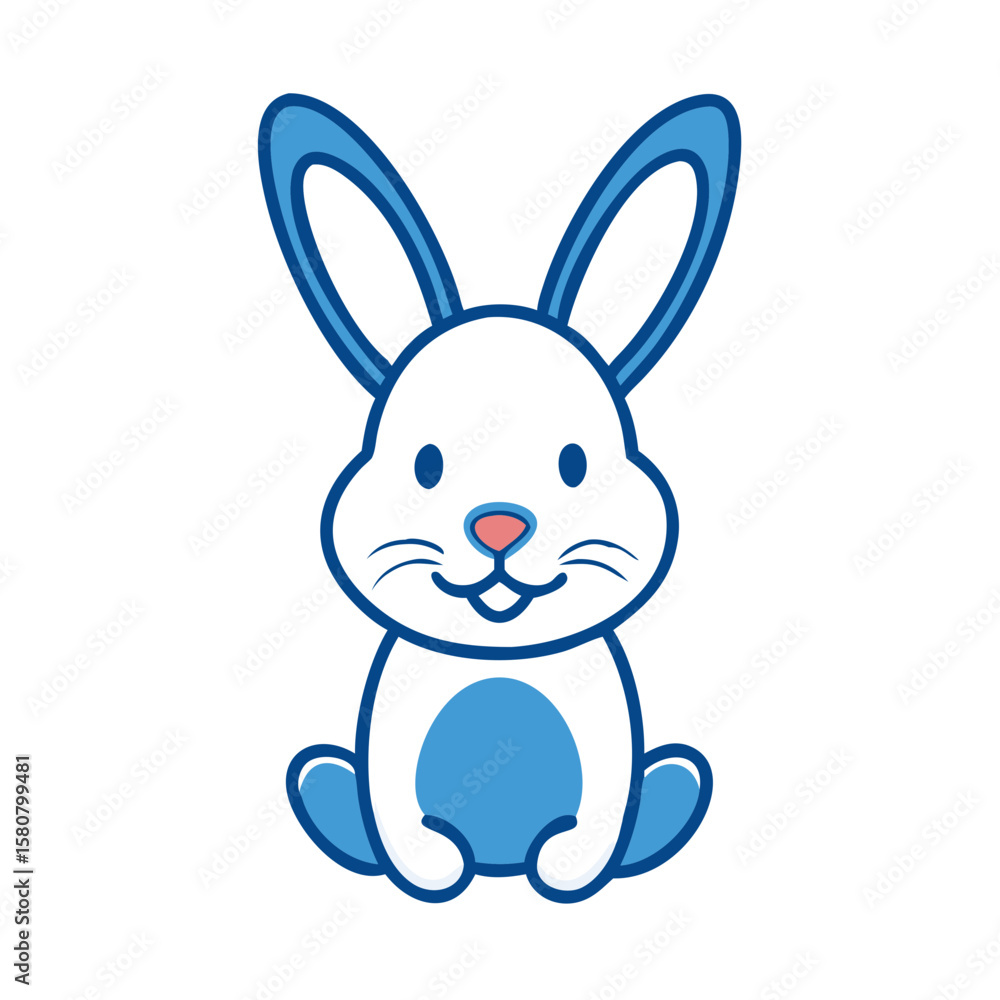 Fototapeta premium Blue cartoon rabbit sitting with a smile and friendly expression 