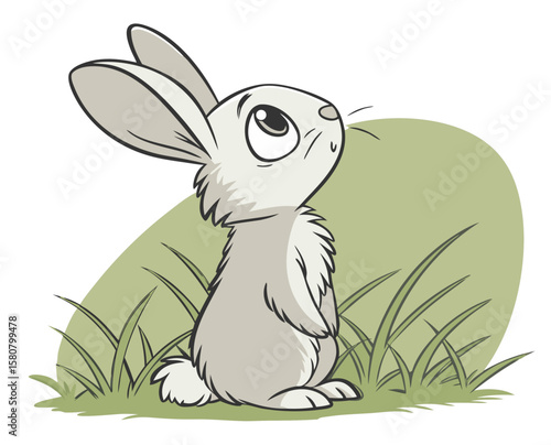 Cartoon rabbit standing on hind legs and looking up in grass  