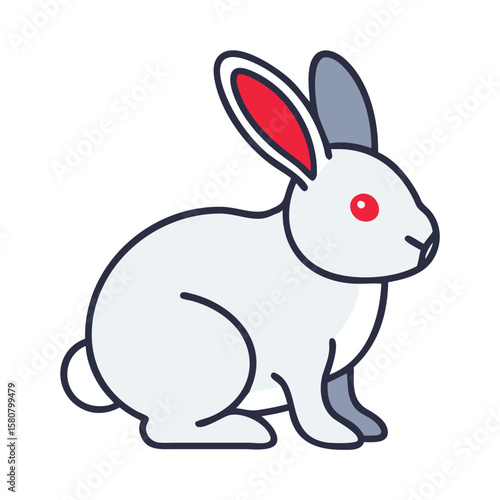 Cartoon rabbit with red ears and grey patch sitting sideways  