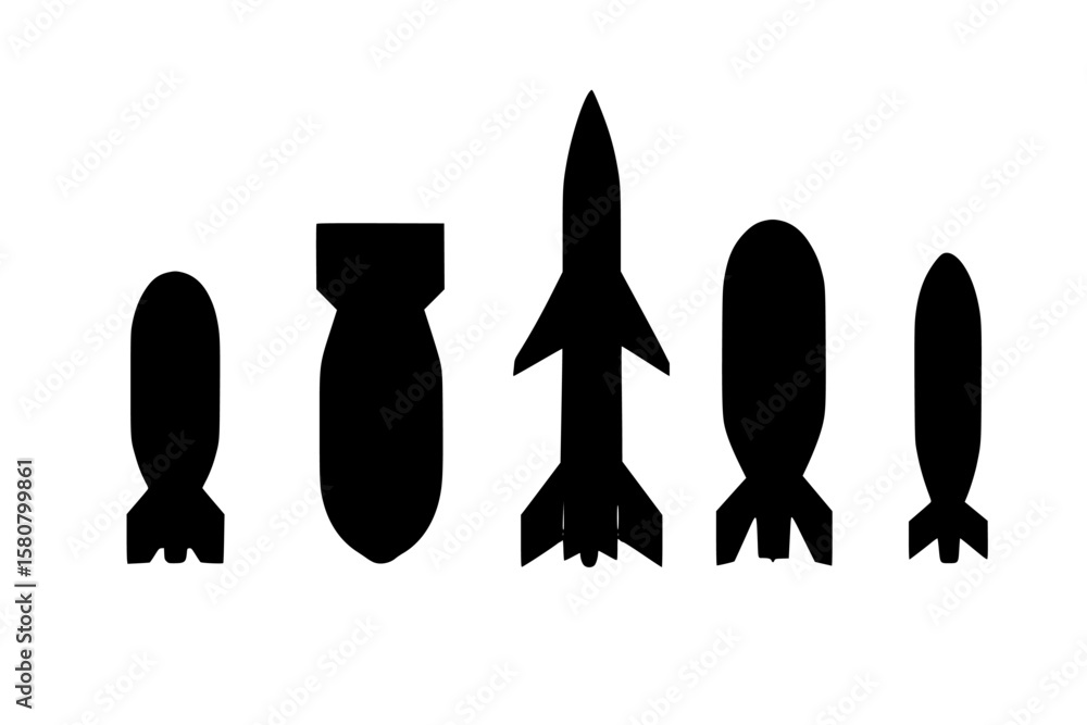 Obraz premium Silhouettes of Various Types of Projectiles in Black on White Background