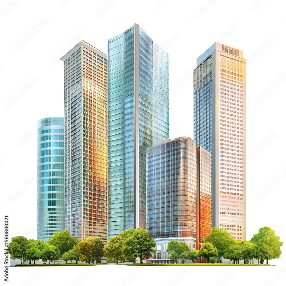Modern glass skyscrapers and lush green trees create a vibrant urban landscape Modern glass skyscrapers and lush green trees create a vibrant urban landscape