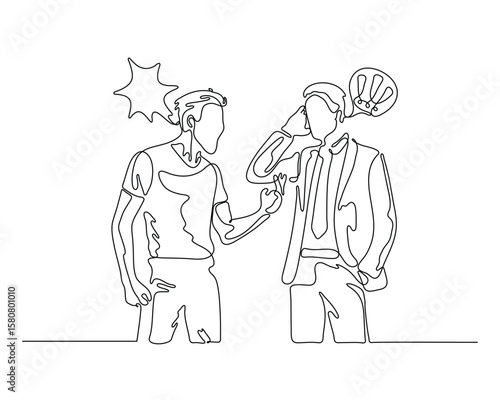 Continuous line drawing of two men having an intense conversation, one in casual clothes and one in business suit, communication concept
