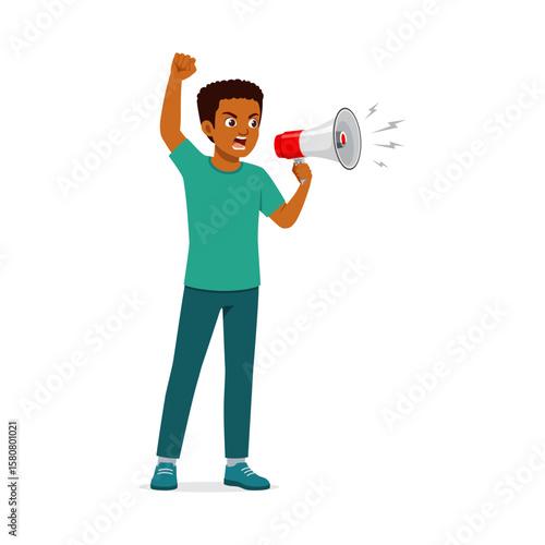 African American man shouting into megaphone with raised fist in vector illustration