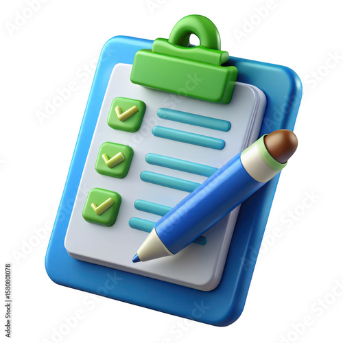 3d checklist clipboard with blue pencil and green checkmarks isolated on transparent background