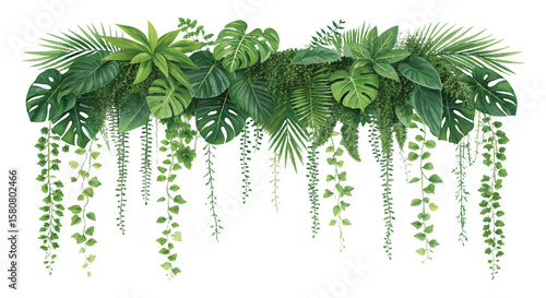 Hanging Plant Vector - Lush Greenery Cascade, A Watercolor Hanging Plant Arrangement Featuring Tropical Leaves Ferns and Trailing Vines for Decoration