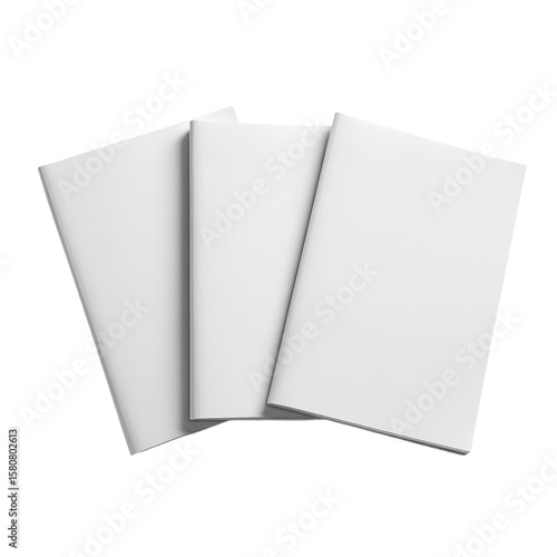 Blank Books Trio: Three blank books in a studio setting. Each with a clean, simple design ready for your unique content. Capture the essence of unlimited imagination, the simplicity of space.