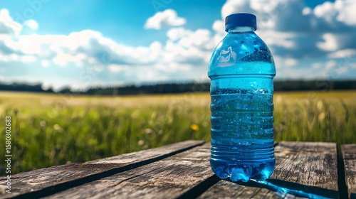 Blue plastic water bottle on wooden table