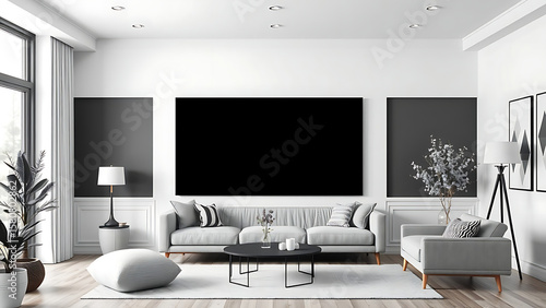 Blank mock up poster frame in modern monochrome interior background living room Scandinavian style 3